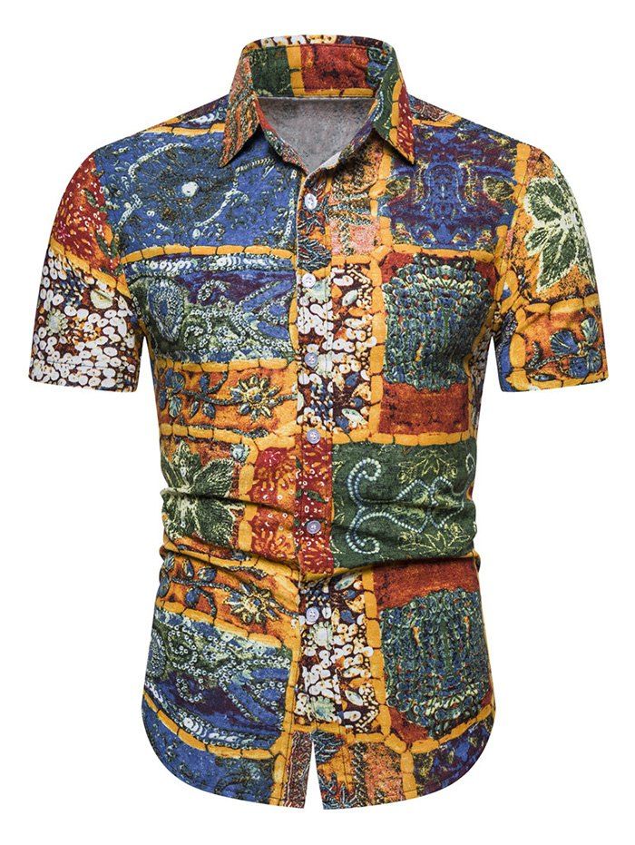 

Plant Floral Spliced Print Short Sleeve Shirt, Bee yellow