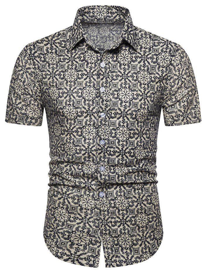 

Floral Geometric Print Short Sleeve Shirt, Beige