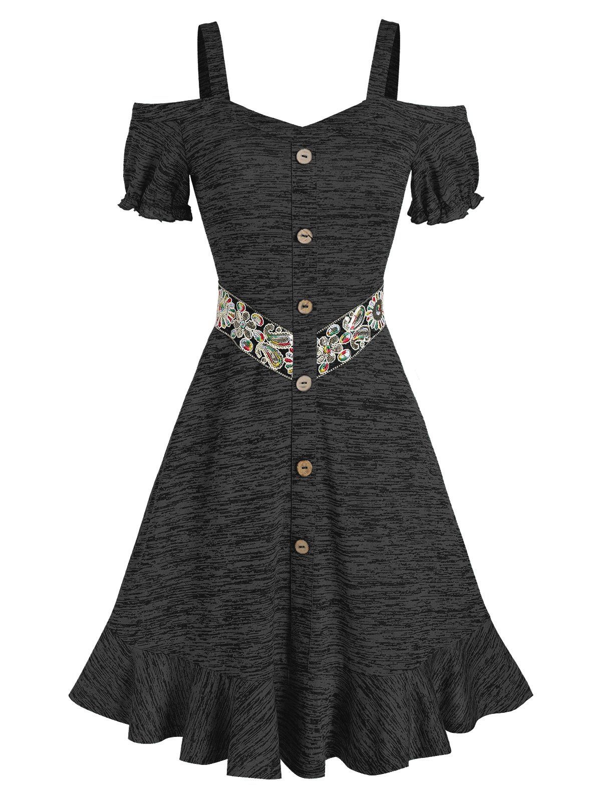 

Cold Shoulder Button Sequins Panel Ruffled Dress, Black