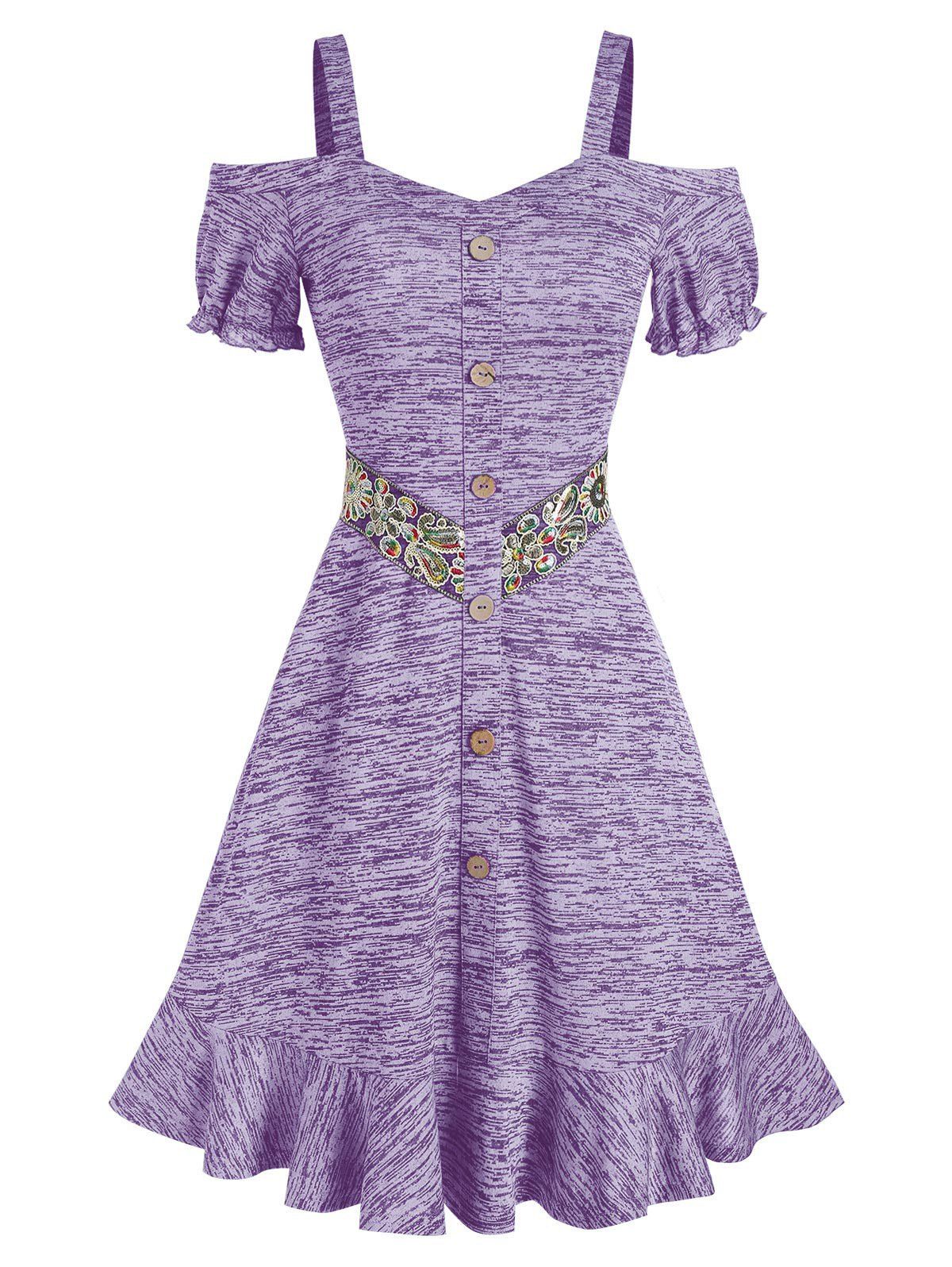 

Cold Shoulder Button Sequins Panel Ruffled Dress, Lilac