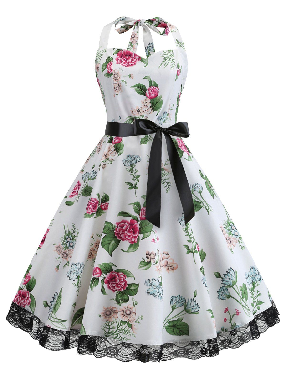 

Floral Butterfly Halter Lace Panel Dress, White