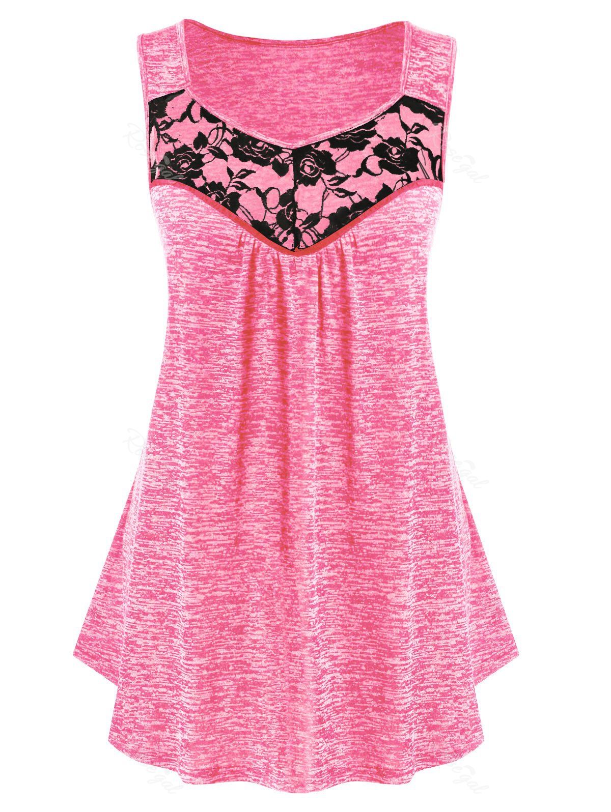 

Plus Size Lace Panel Marled Tank Top, Hot pink