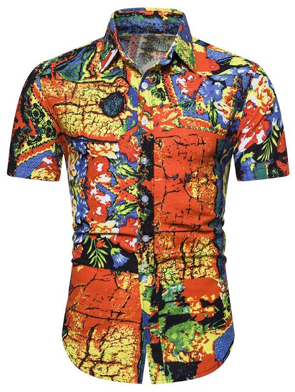 Flower Printed Short Sleeve Button Up Shirt, Halloween orange
