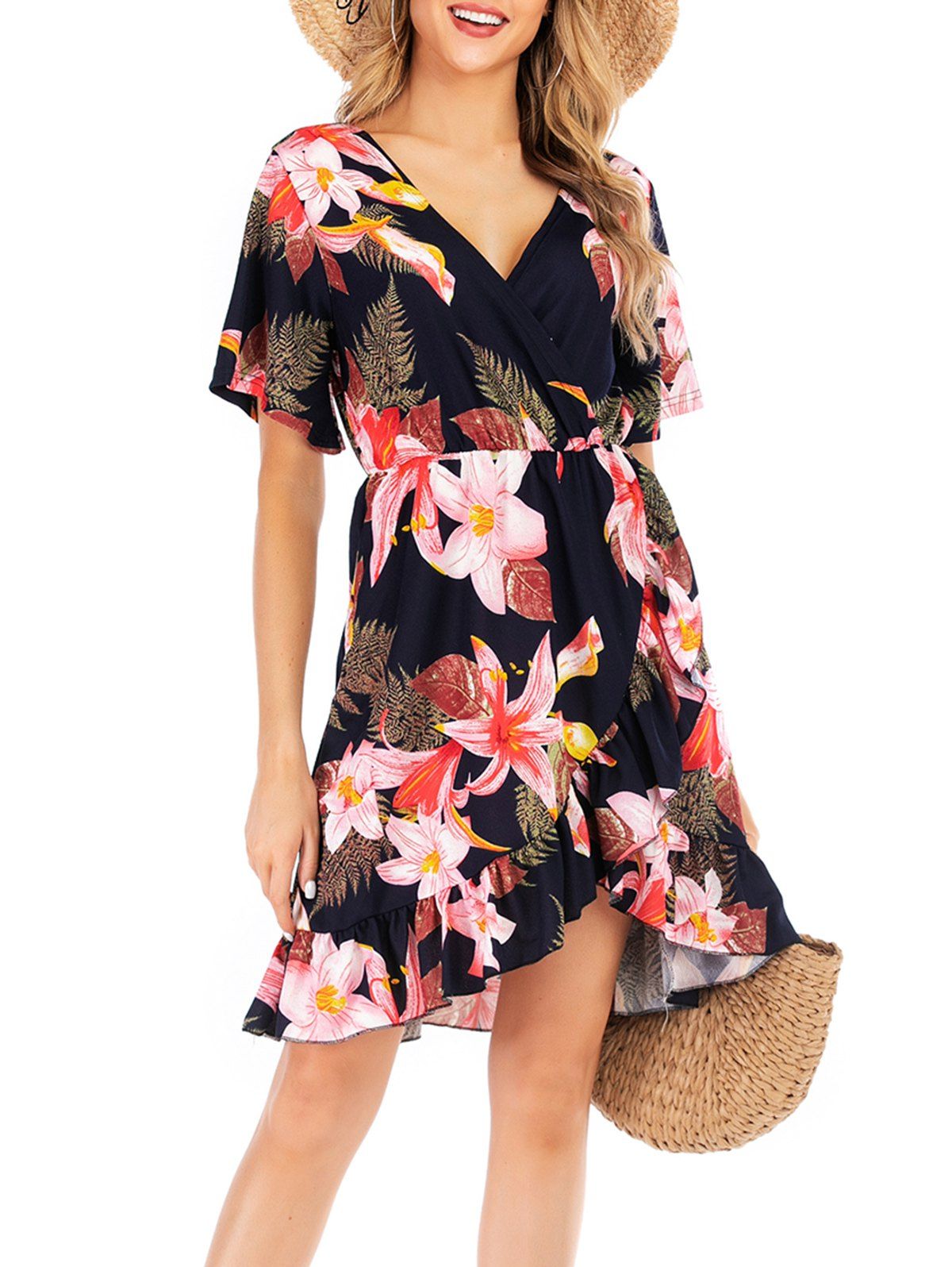 Floral Print Low Cut Ruffle Dress [32% OFF] | Rosegal