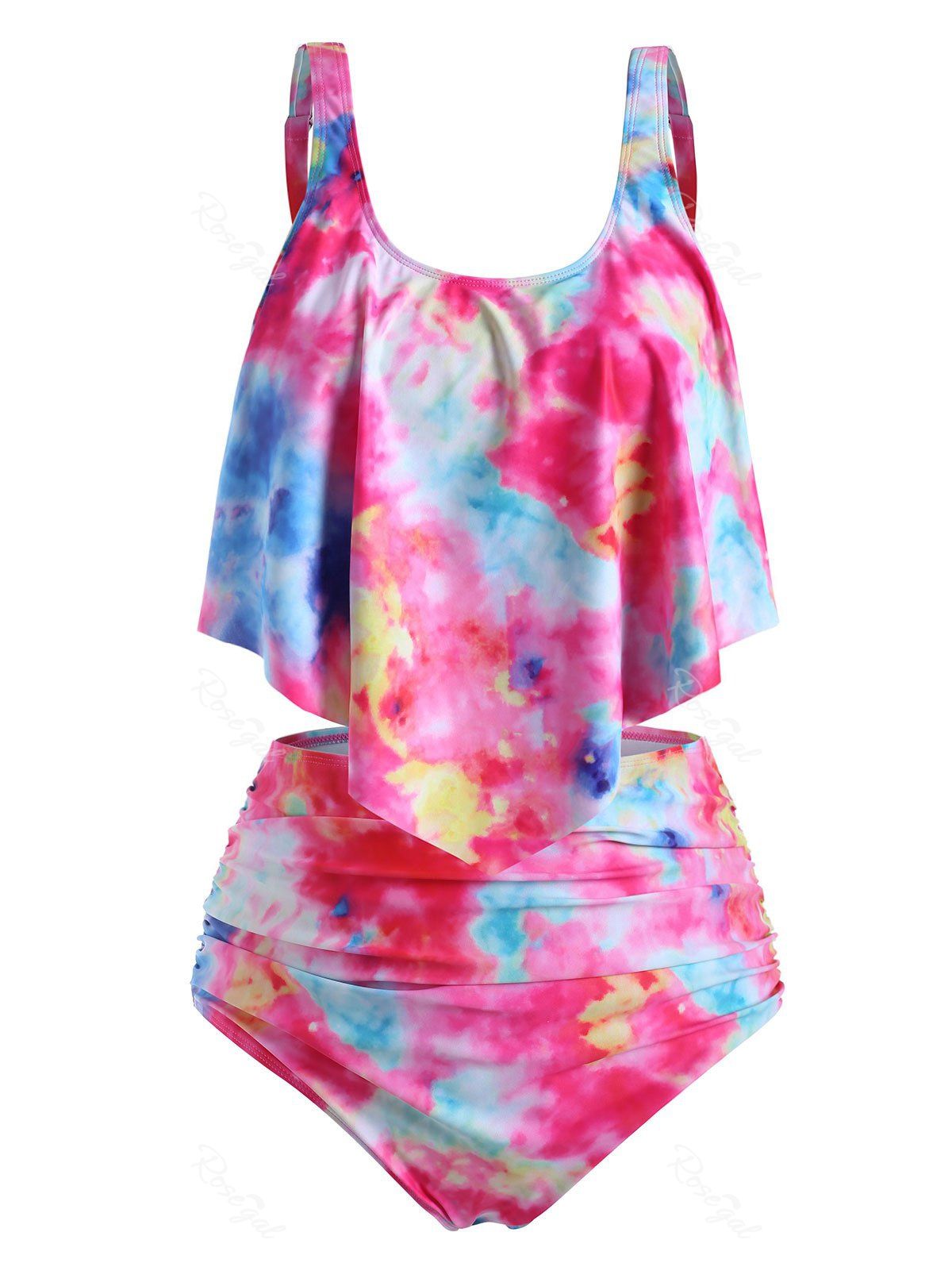 

Plus Size Overlay Tie Dye High Waist Tankini Swimsuit, Multi-i