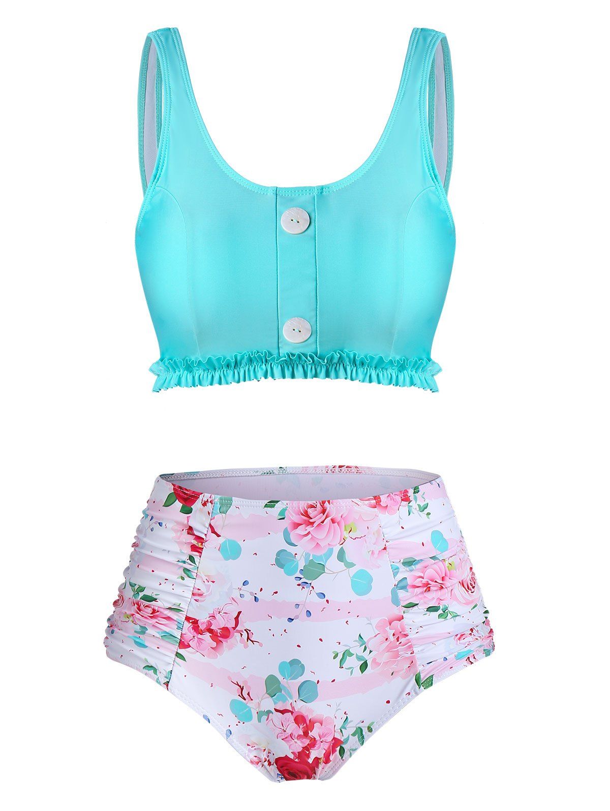 

Floral Print Frilled Hem High Waisted Tankini Swimwear, Medium turquoise
