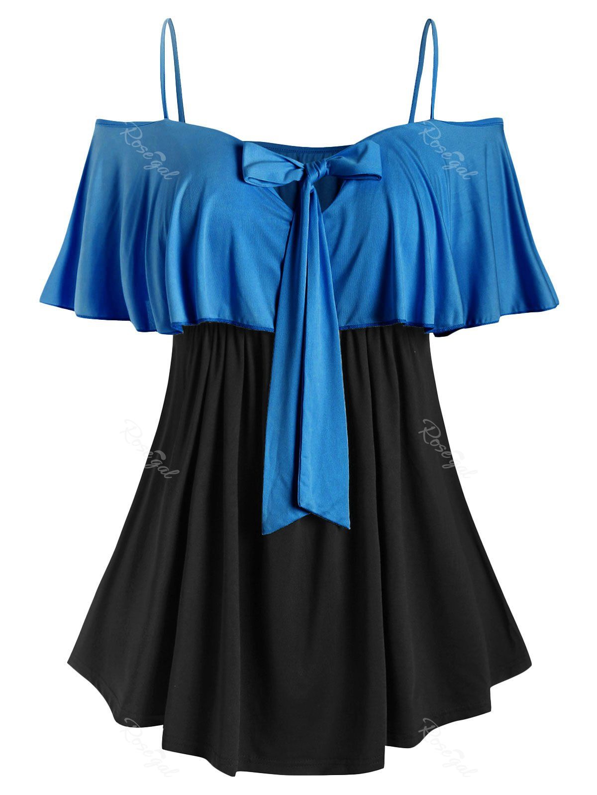 

Plus Size Two Tone Bowknot Ruffled T Shirt, Blue
