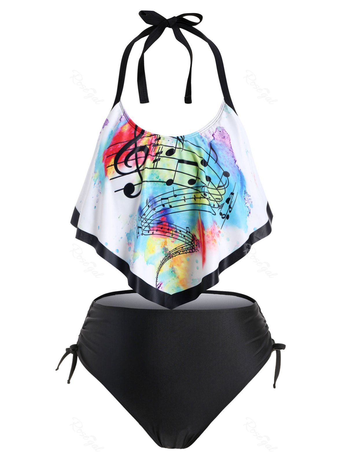 

Plus Size Musical Notes Tie Dye Cinched Tankini Swimwear, Black