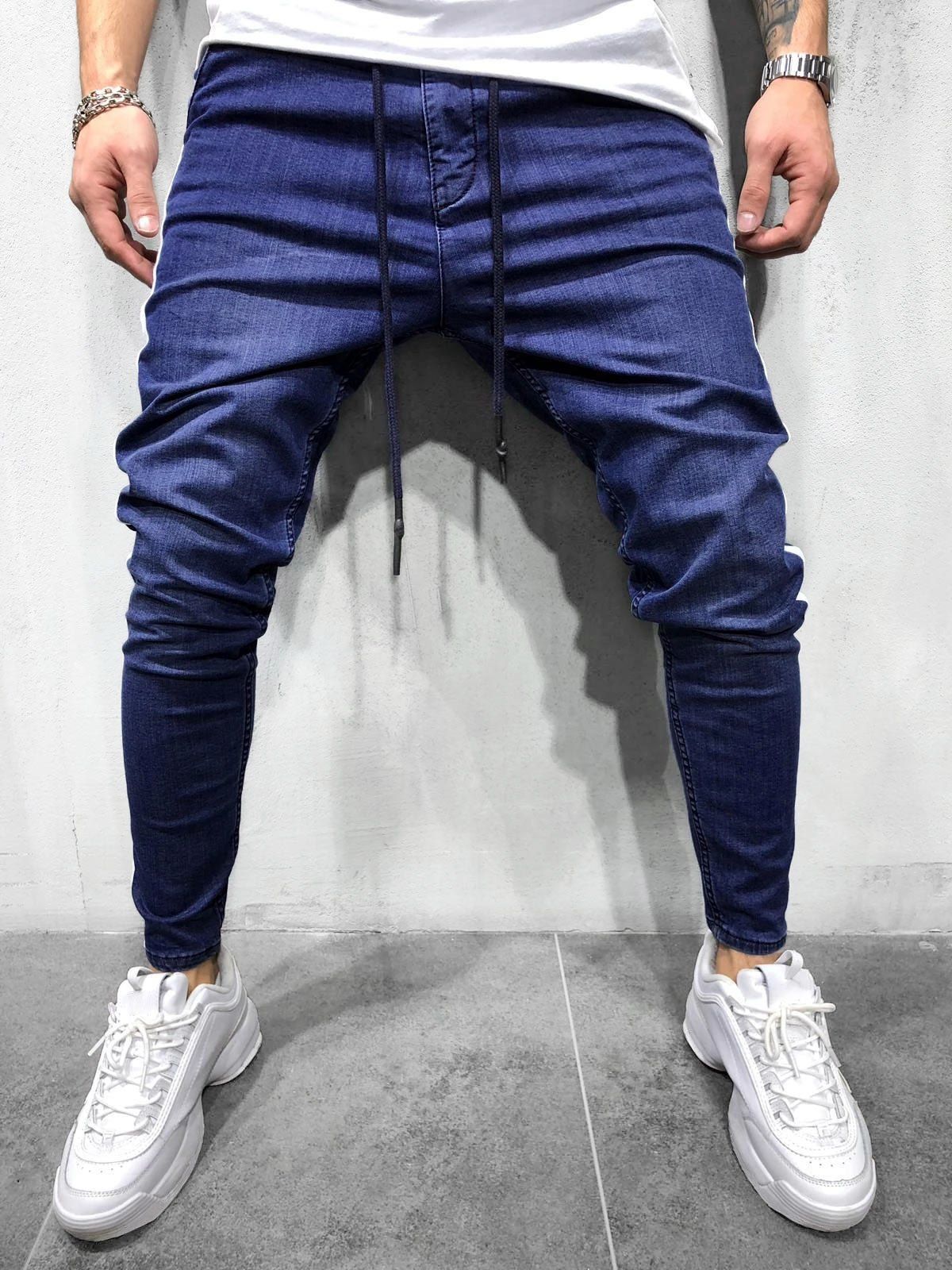 

Color Spliced Design Drawstring Casual Pants, Denim dark blue