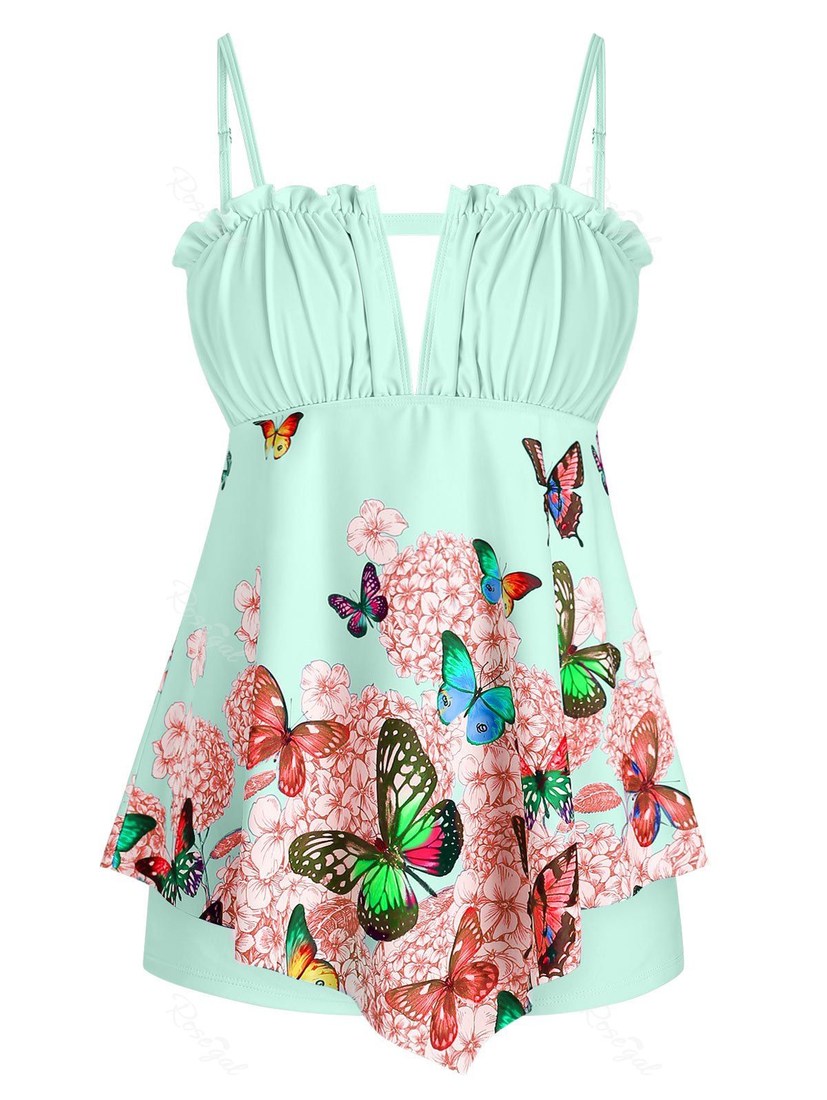 

Plus Size Butterfly Print Keyhole Ruffled Trim Tankini Swimwear, Light slate