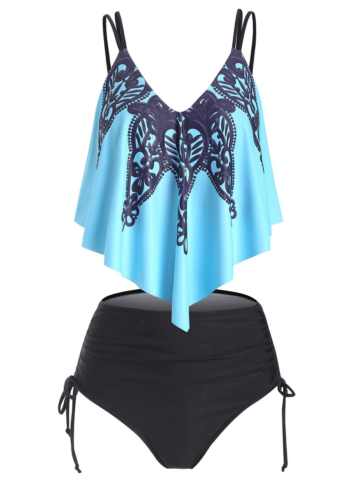 

Flounce Overlay Cinched High Rise Tankini Swimwear, Light sky blue