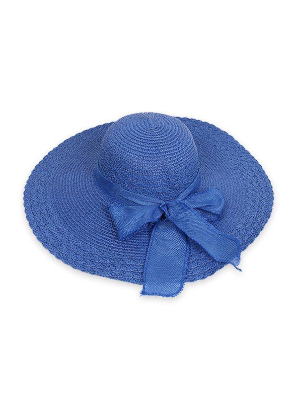

Ribbon Bowknot Wide Brim Straw Sun Hat, Blueberry blue