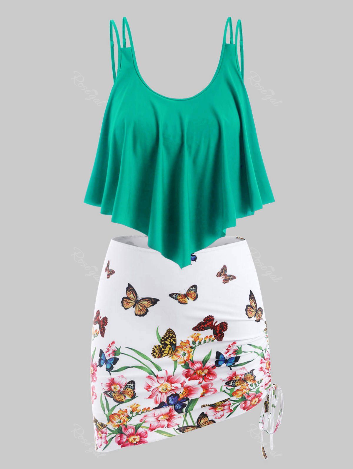 

Plus Size Butterfly Floral Print Ruffle Three Piece Swimwear, Greenish blue