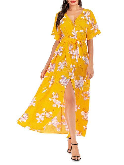 Discount Floral Overlap Belted Surplice Maxi Dress  