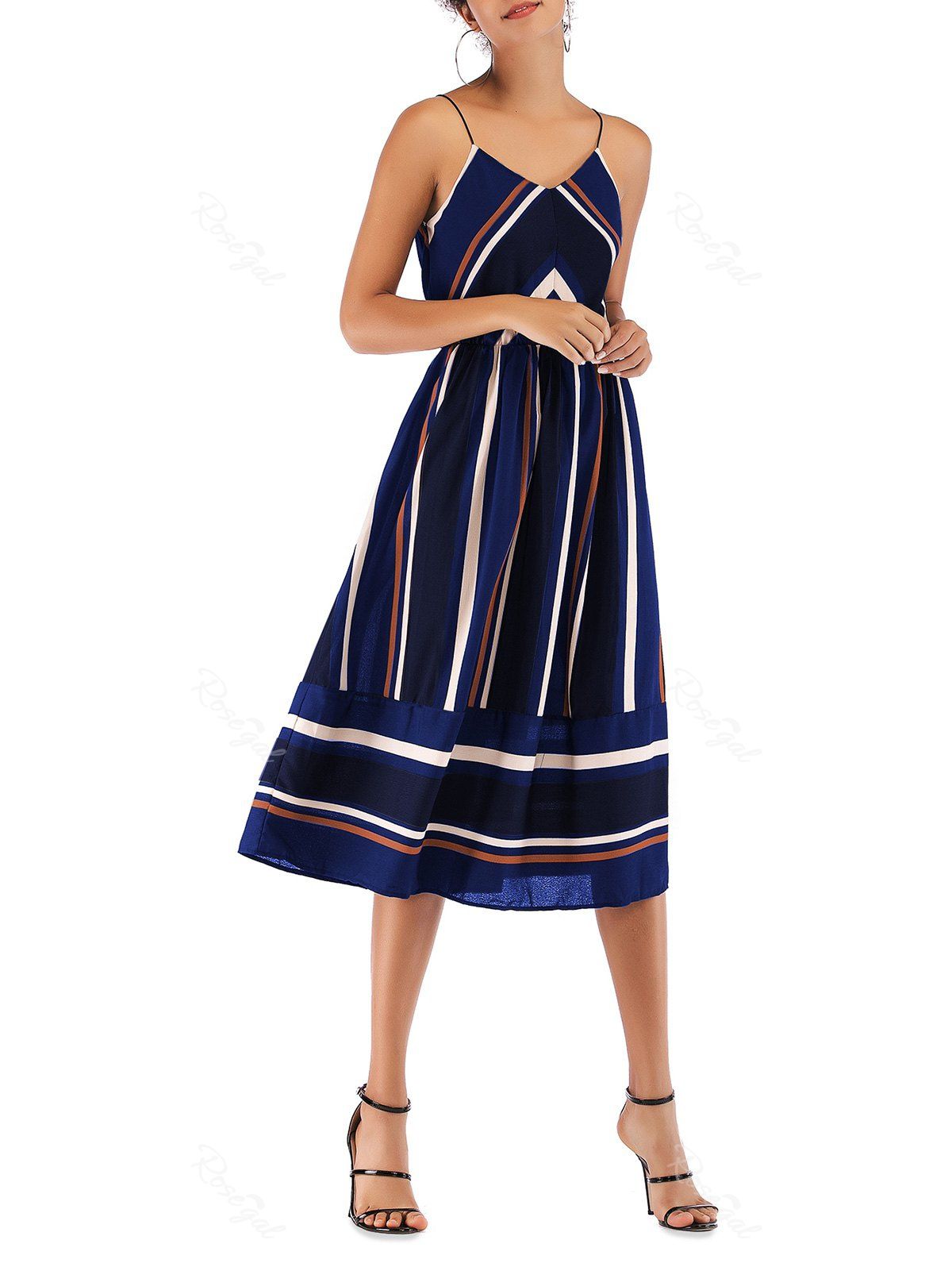 

Stripes Elastic Waist Cami Midi Dress, Deep blue