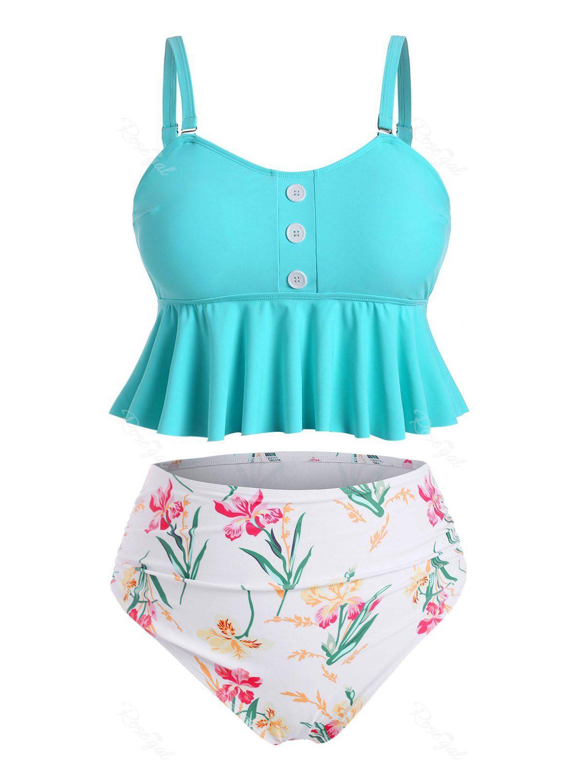 Mock Buttons Peplum Hem Floral Plus Size Tankini Swimsuit [50% OFF ...