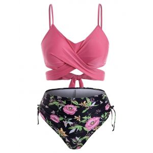 

Plus Size Crossover Plant Print Cinched Ruched Bikini Swimsuit, Violet red