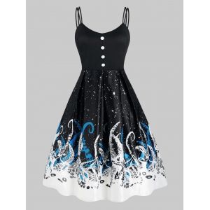 

Octopus Print Button Embellished Sleeveless Dress, Multi
