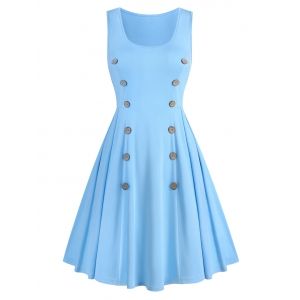 

Plain Mock Button Sleeveless A Line Dress, Light blue
