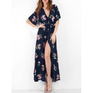 

Floral Print Slit Keyhole Back Plunging Dress, Deep blue