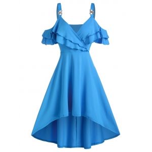 

Cold Shoulder Flounce A Line Dress, Deep sky blue