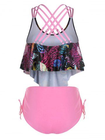 

Plus Size Printed Overlay Crisscross Cinched Tankini Swimwear, Pig pink