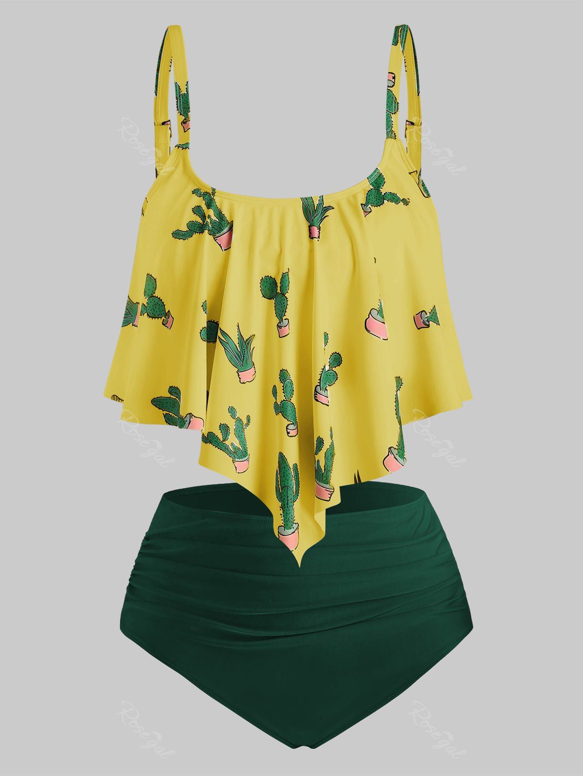 

Plus Size Overlay Cactus Print Tankini Swimwear, Sun yellow