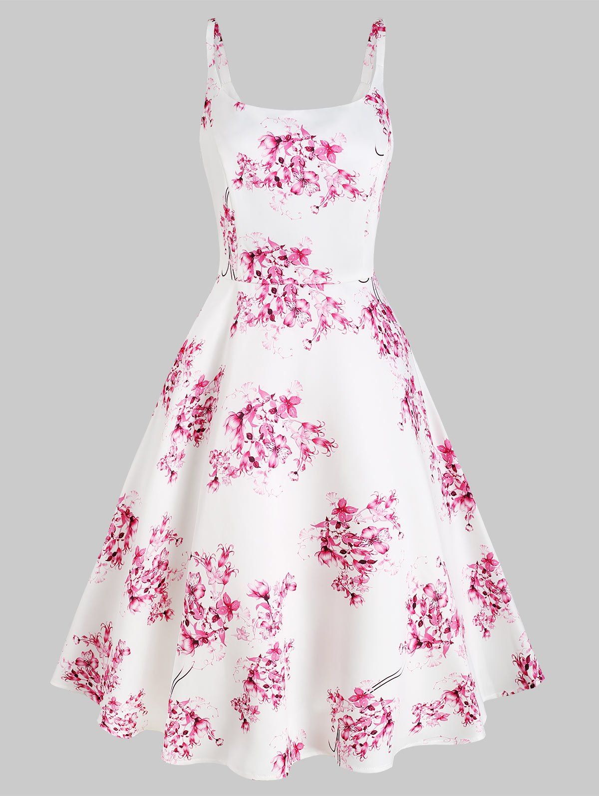 

High Waisted Floral Print Sleeveless Dress, White