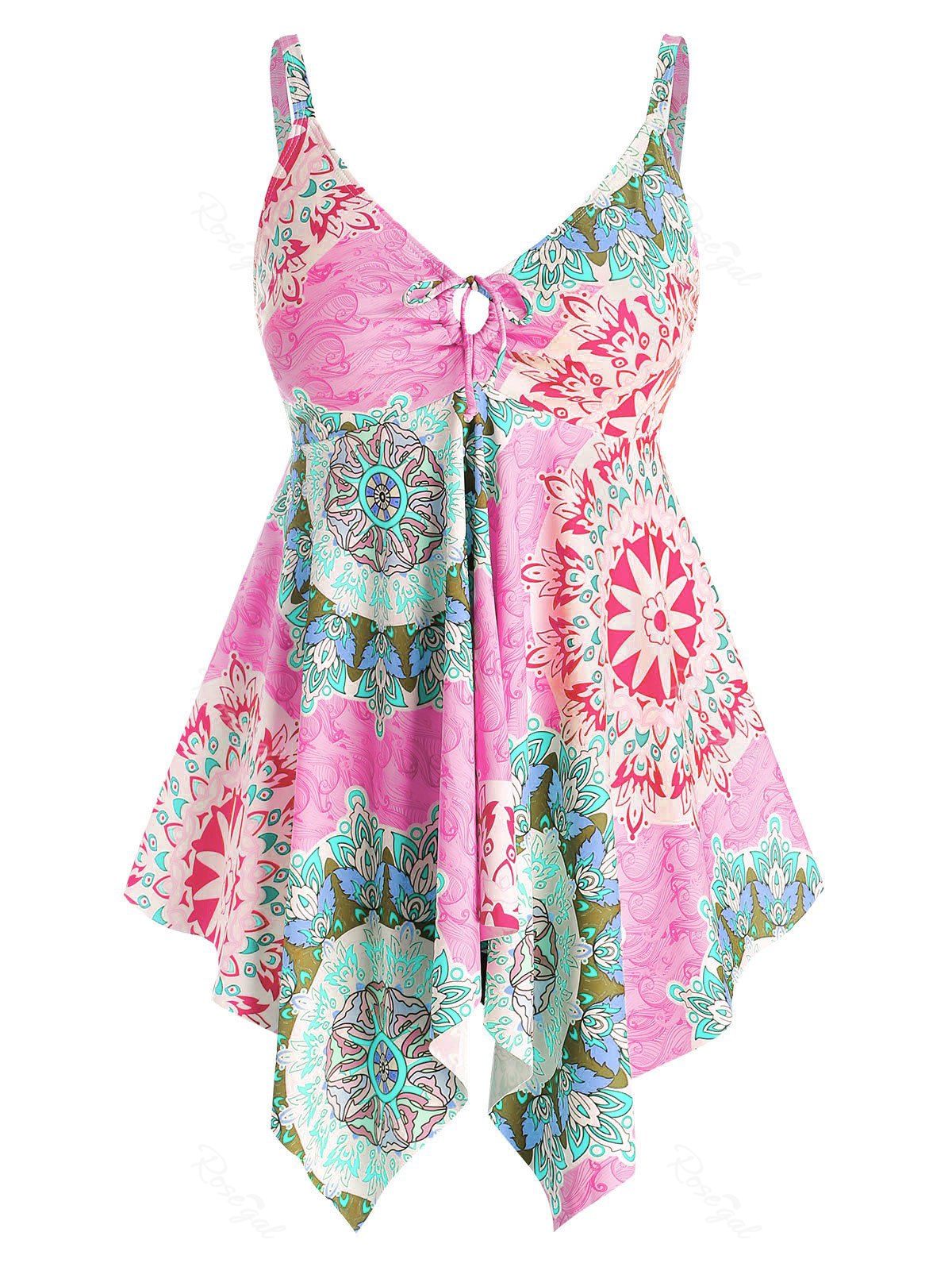 

Plus Size Flower Print Bowknot Skirted Tankini Swimwear, Hot pink