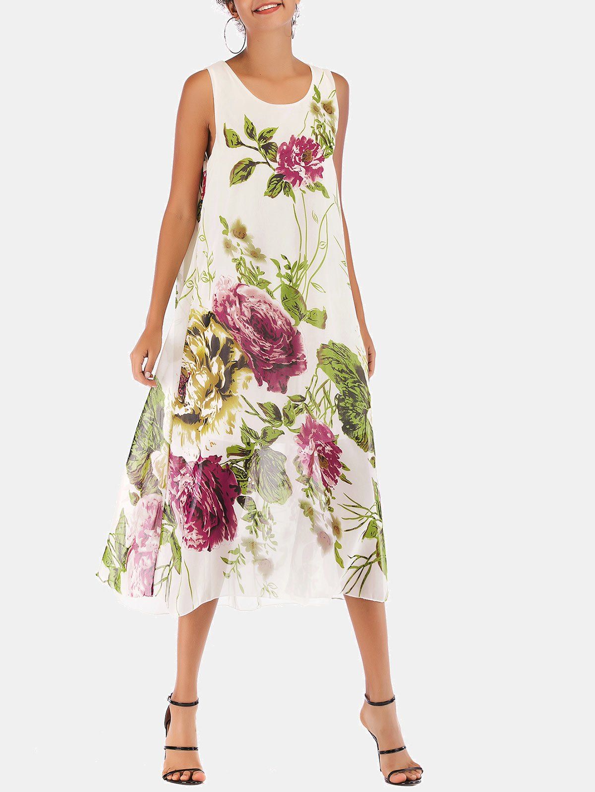 

Chiffon Flower Print Casual Midi Dress, Beige