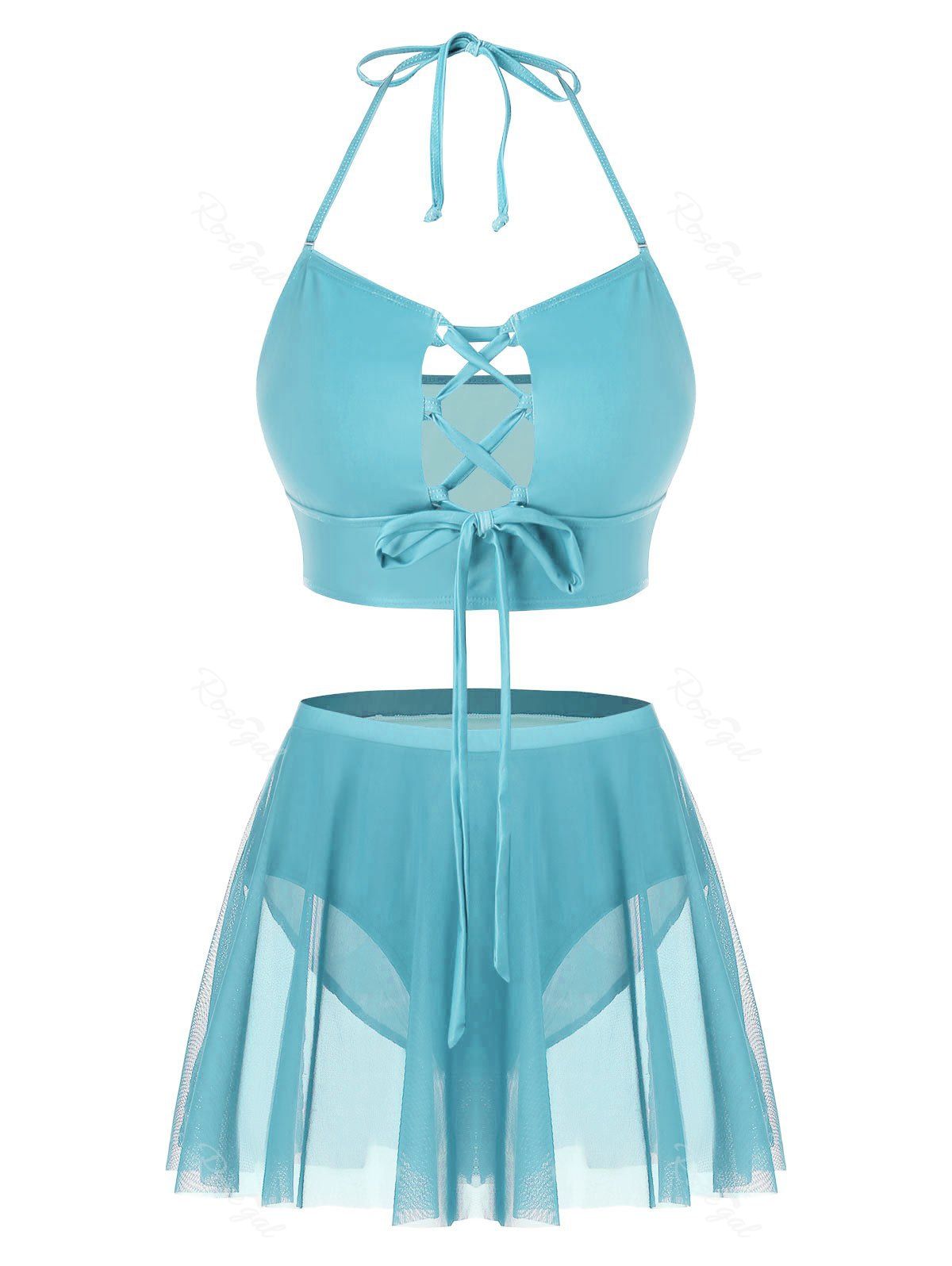 

Plus Size Lace Up Halter Skirted Tankini Swimsuit, Light sky blue