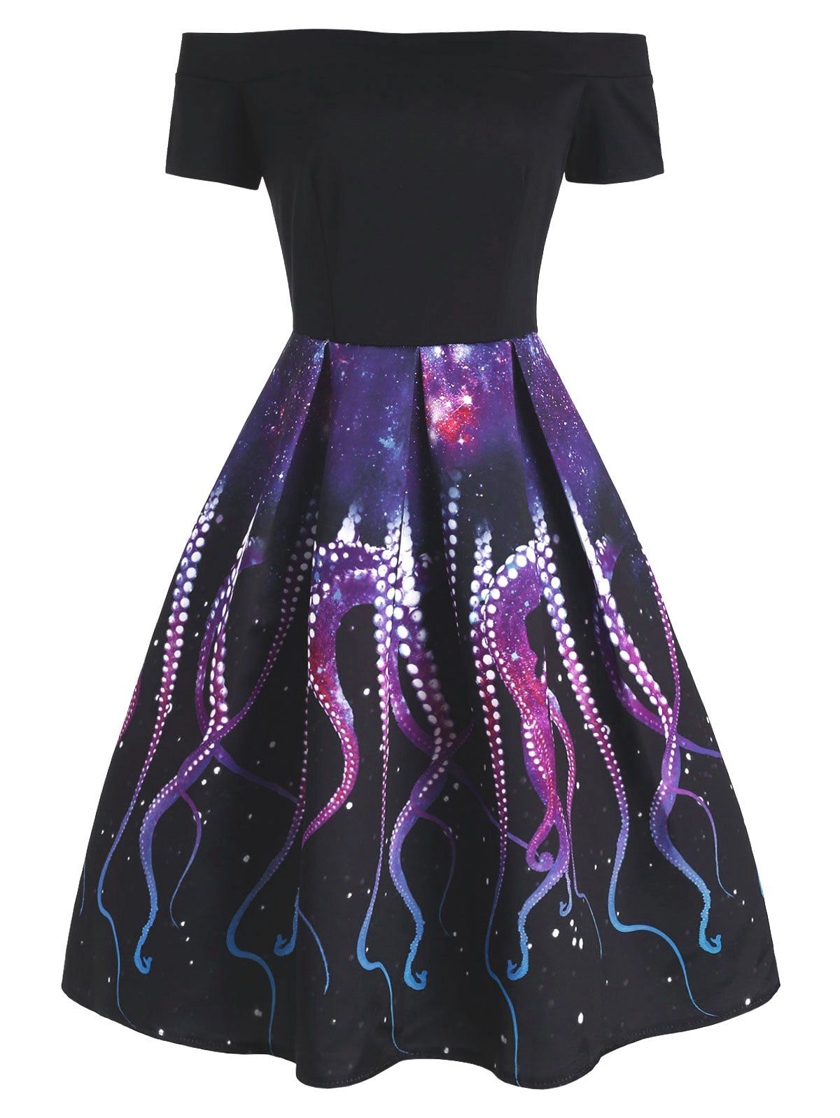

Octopus Starry Sky Print Off Shoulder Party Dress, Multi