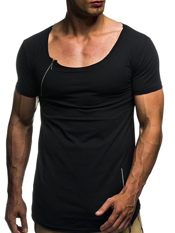 

Solid Color Zip Decorated Short Sleeves T-shirt, Black