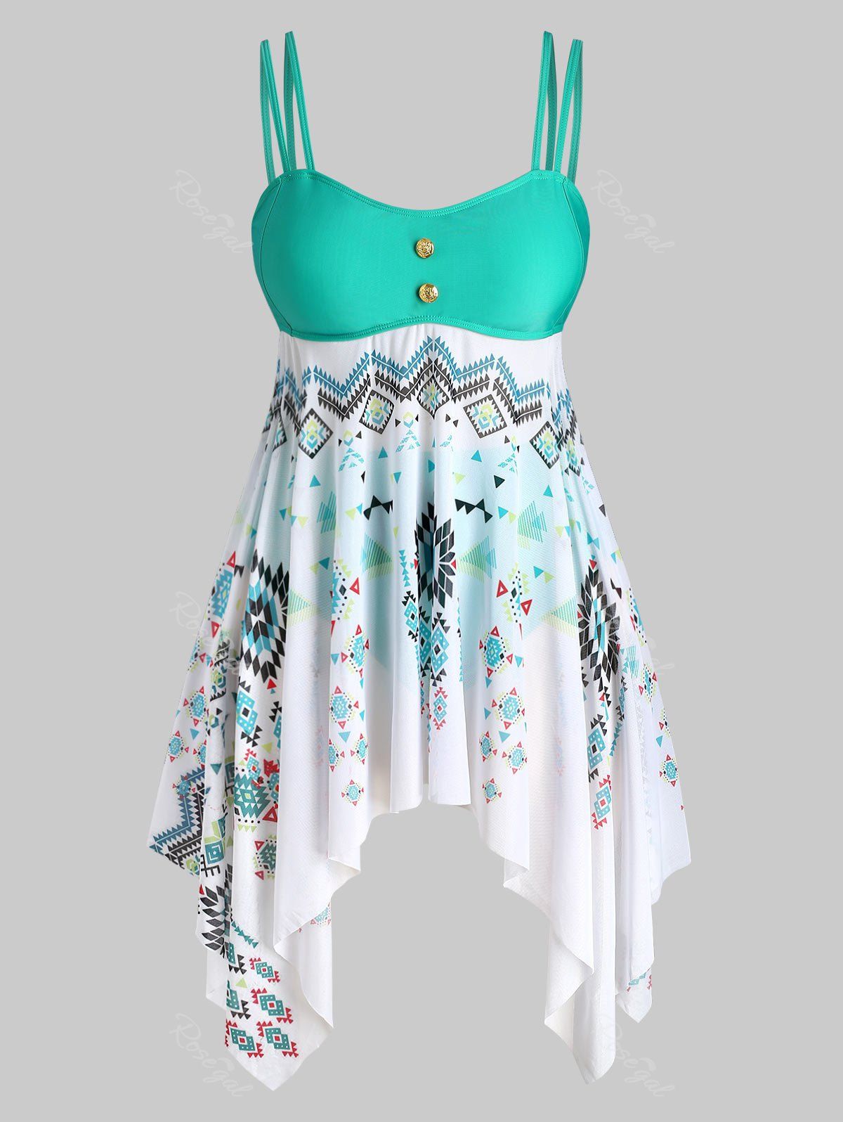 

Plus Size Handkerchief Geometry Print Tankini Swimwear, Medium turquoise