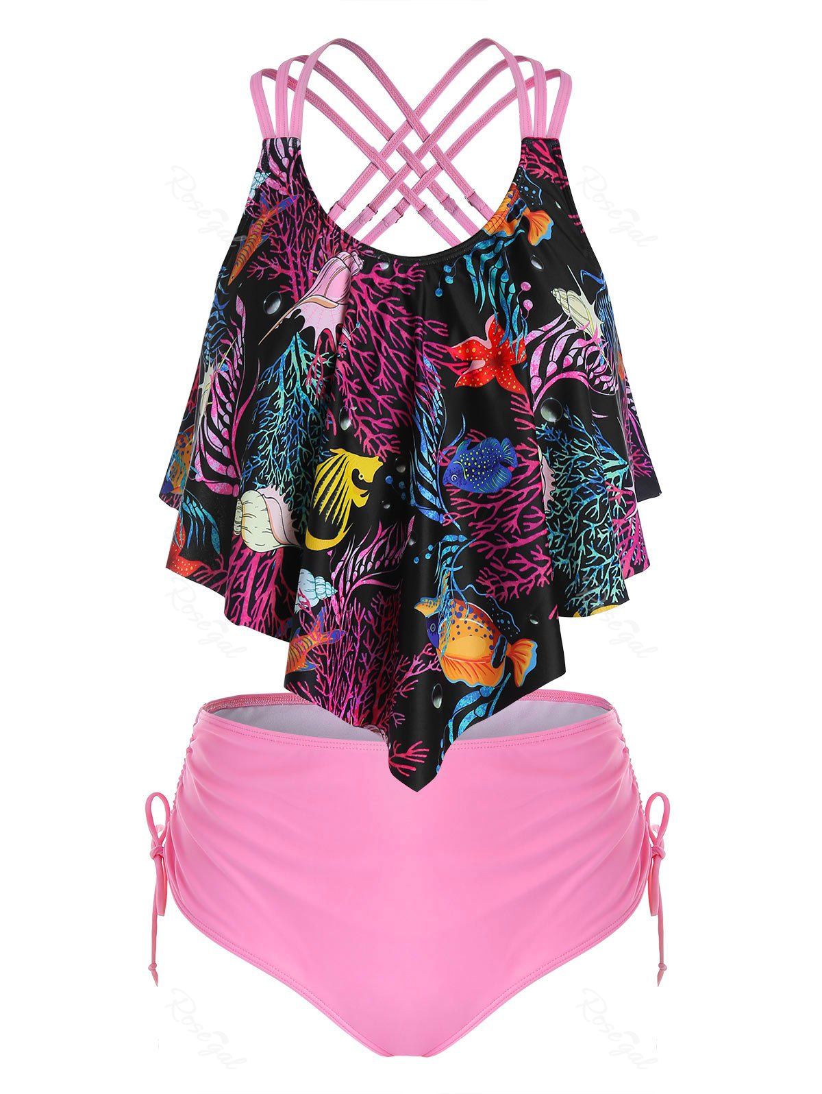 New Plus Size Printed Overlay Crisscross Cinched Tankini Swimwear  