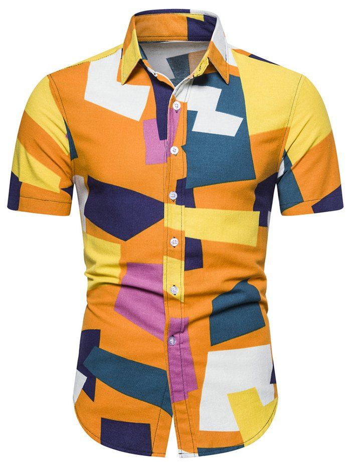 

Colorblock Geometric Print Short Sleeve Shirt, Bee yellow