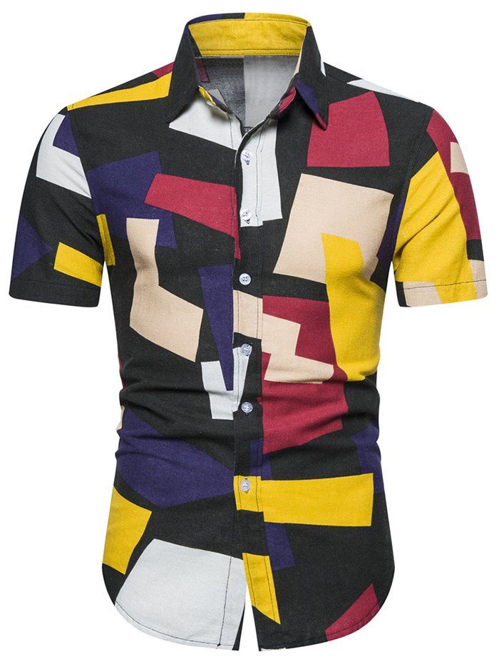 

Colorblock Geometric Print Short Sleeve Shirt, Black