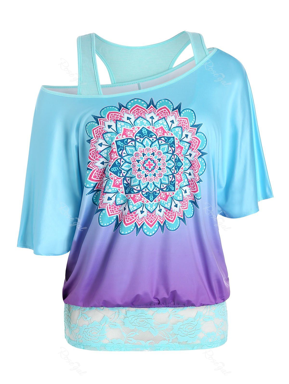 

Plus Size Bohemian Print Skew Neck Ombre Tee and Tank Top Set, Medium turquoise