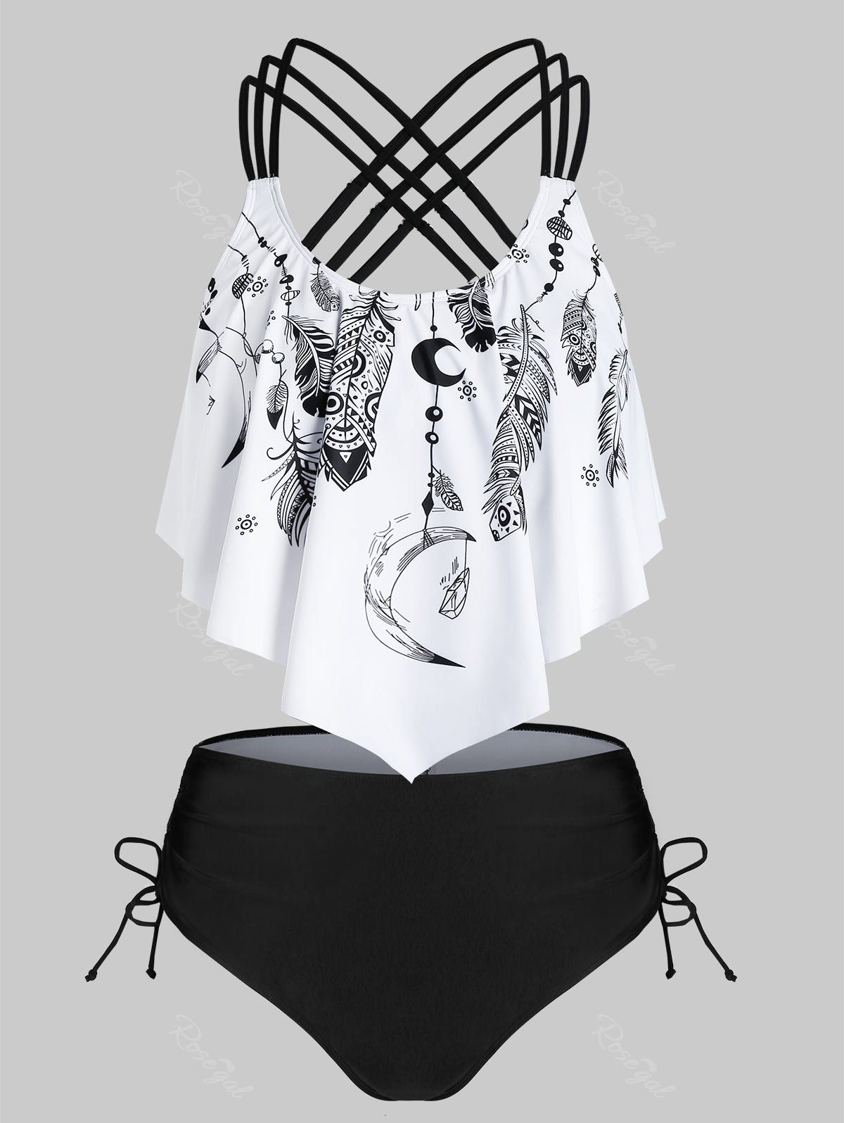 

Plus Size Feather Print Cinched Strappy Tankini Swimwear, White