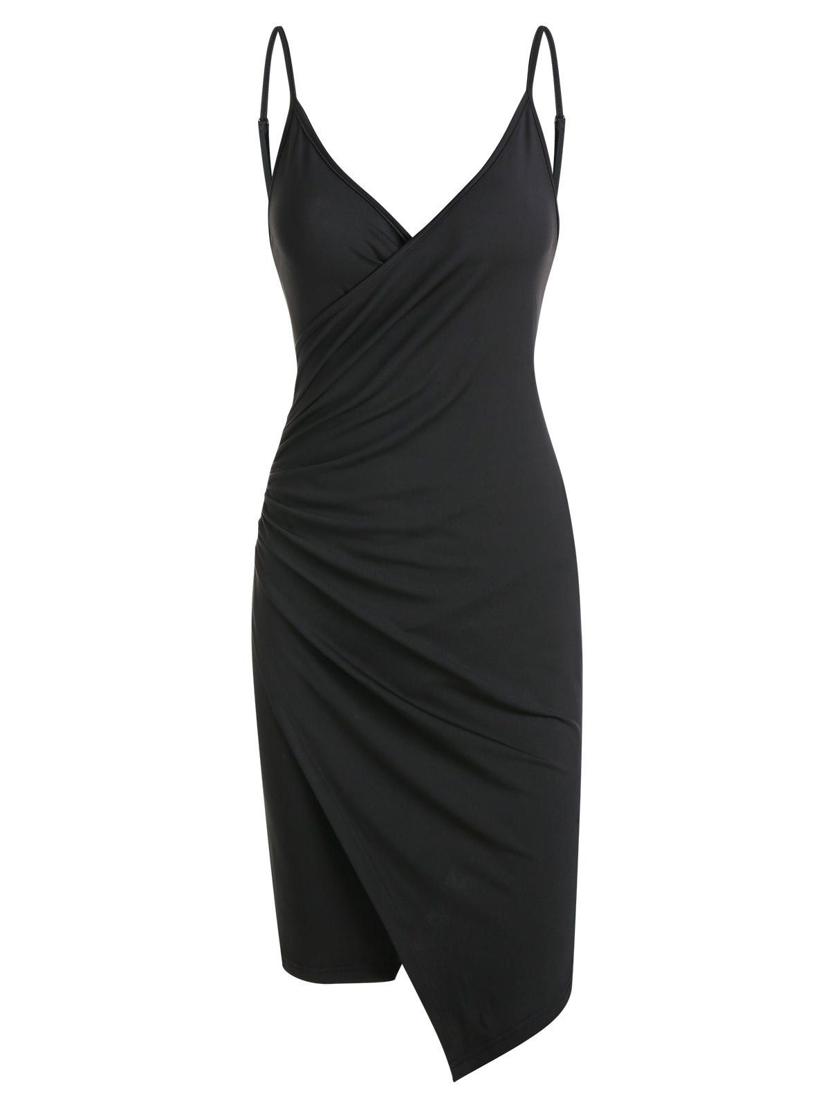 

Spaghetti Strap Asymmetric Ruched Sheath Dress, Black