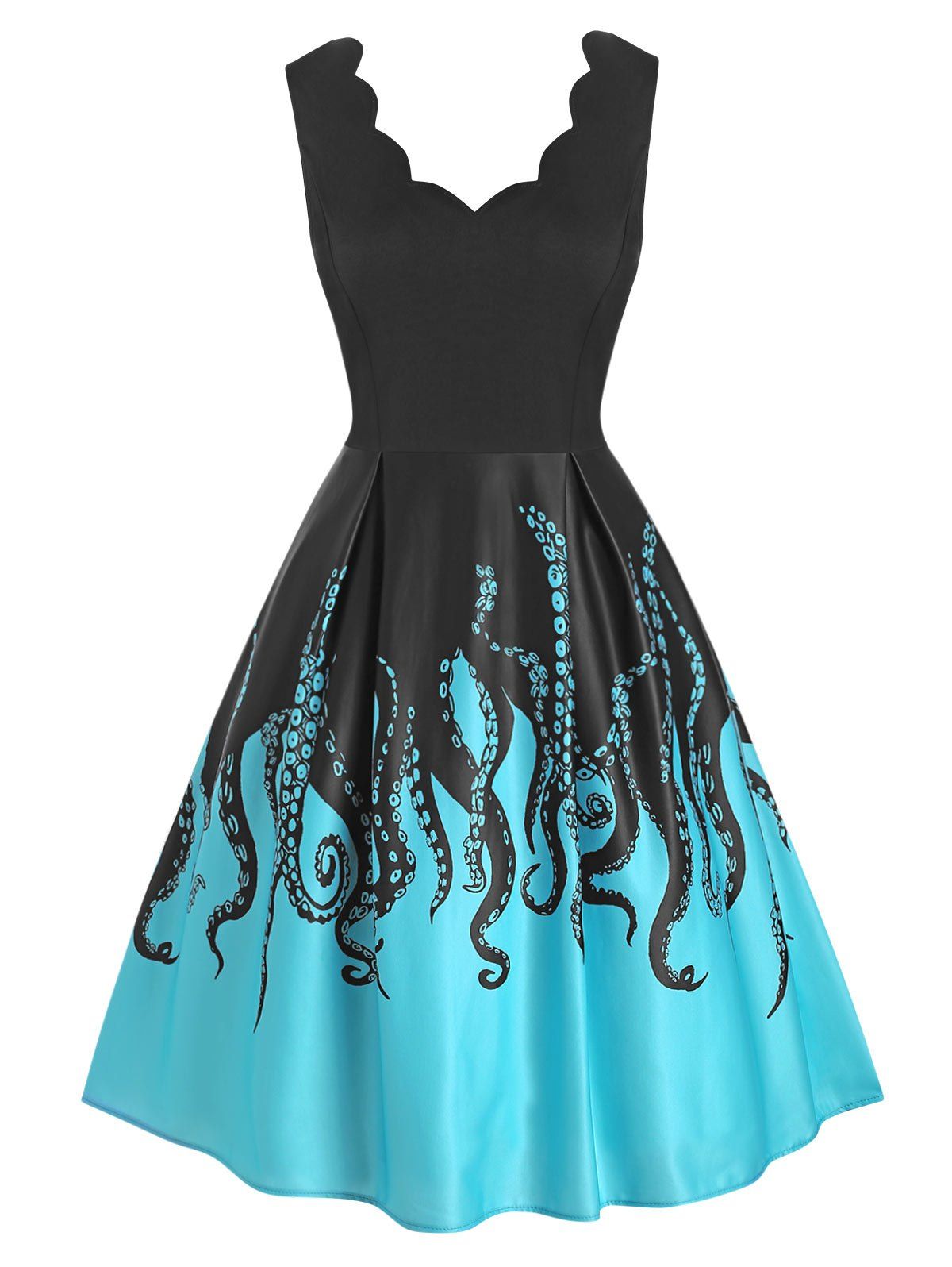 

Octopus Print Scalloped Sleeveless A Line Dress, Macaw blue green