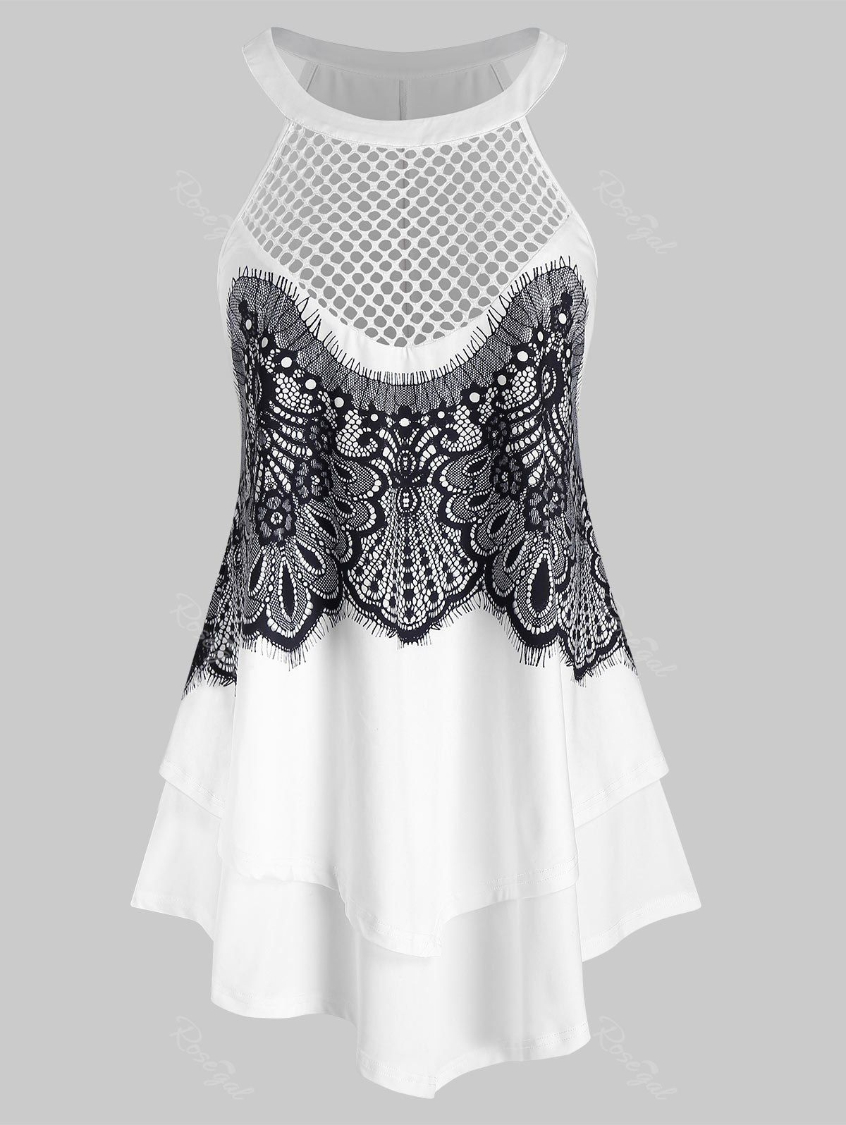 

Plus Size Fishnet Lace Insert Cutaway Tank Top, White