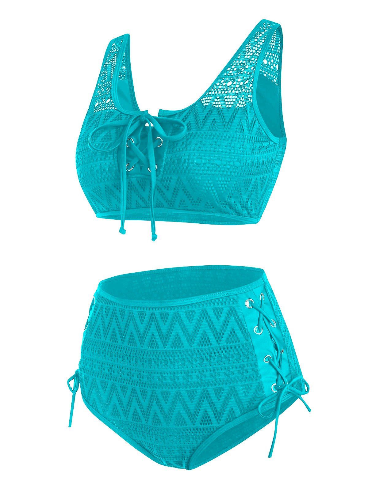 

Plain Lace Up Zigzag Mesh Bikini Swimwear, Medium turquoise