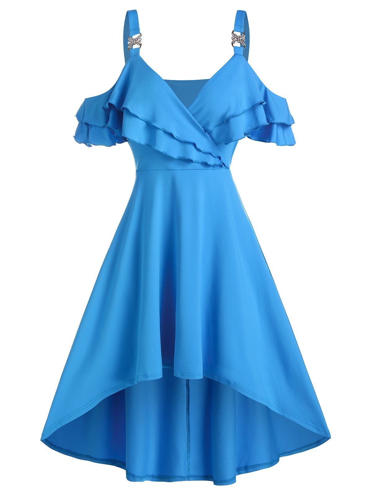 

Cold Shoulder Flounce A Line Dress, Deep sky blue