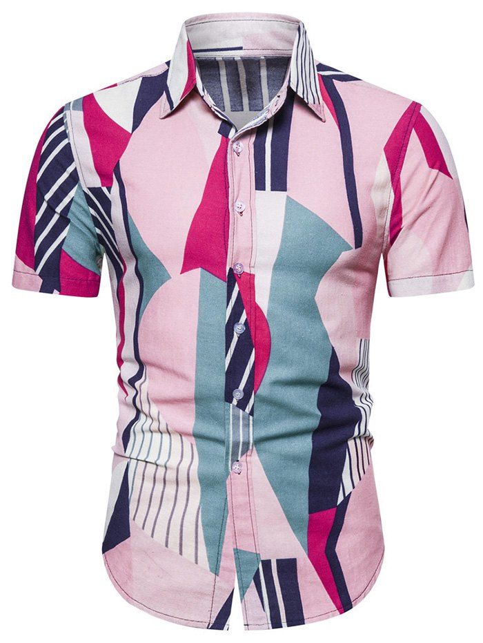 [34% OFF] Geometric Stripes Print Button Shirt | Rosegal
