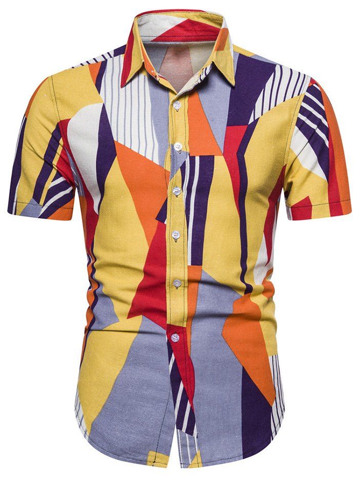 

Geometric Stripes Print Button Shirt, Bee yellow