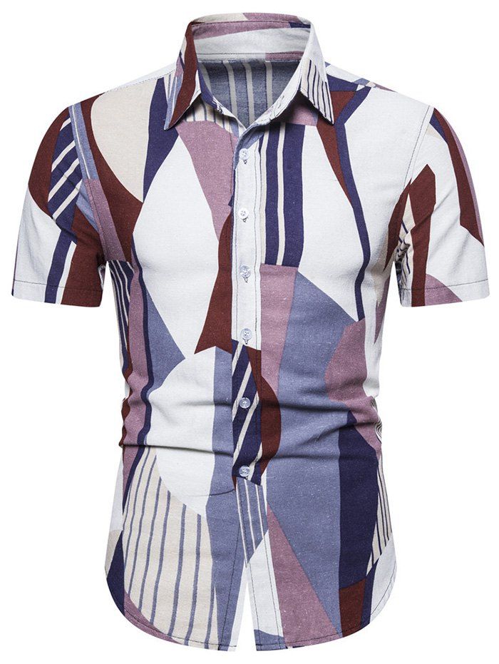 

Geometric Stripes Print Button Shirt, Platinum