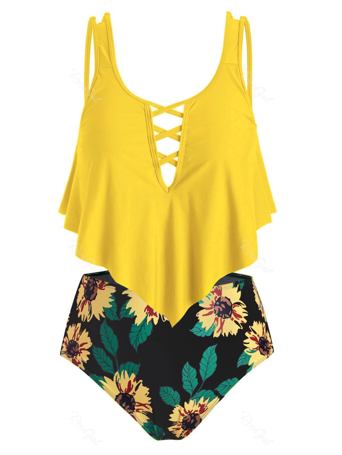 

Plus Size Sunflower Print Crisscross Ruffle Tankini Swimsuit, Yellow