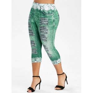 

Plus Size 3D Lace Ripped Denim Print Capri Leggings, Light sea green