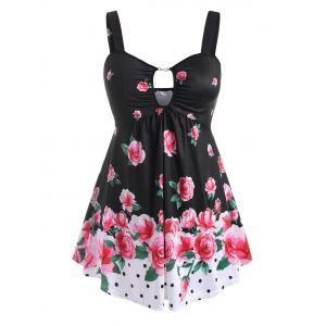 

Chain Keyhole Polka Dot Rose Plus Size Tank Top, Black